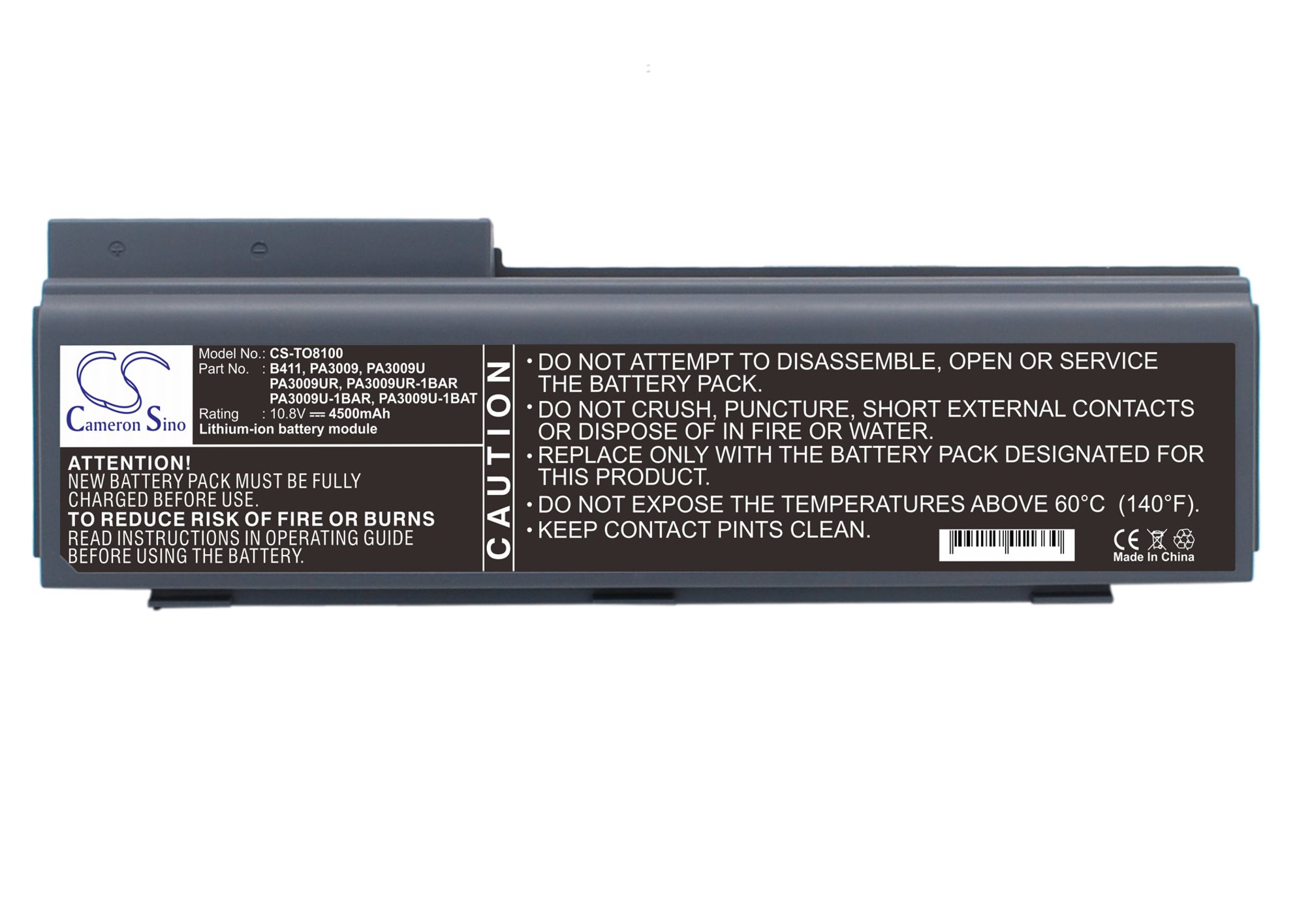 Toshiba B411, PA3009, PA3009U, PA3009U-1BAR, PA3009U-1BAT, PA3009UR, PA3009UR-1BAR CS-TO8100