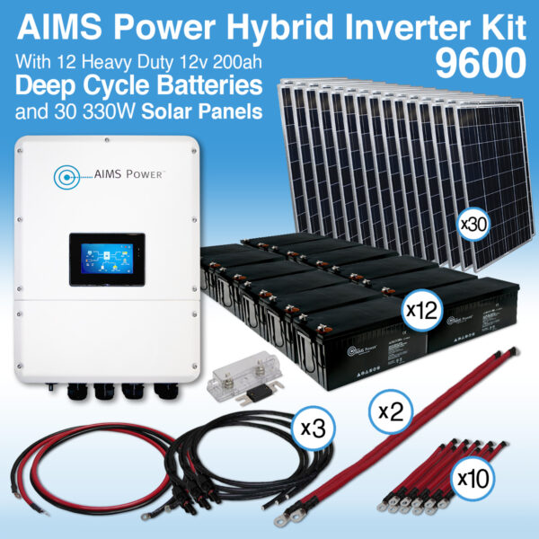 KIT Hybrid Inverter Charger, Battery Bank & Solar Panels 9.6 kW Inverter Output | 200 Amp Stored Battery Power | 9900 Watt Solar Panels