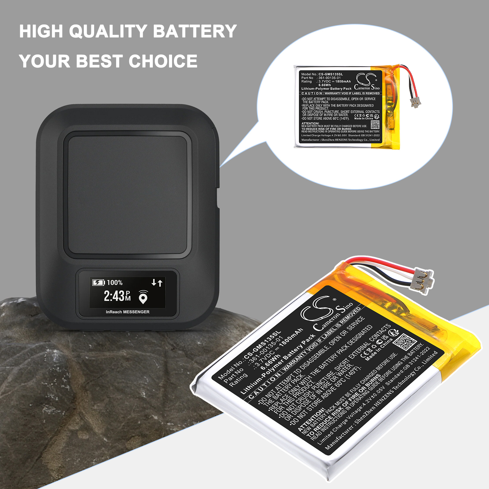 Replacement Battery for Garmin inReach Messenger, 361-00135-01, Li-Polymer 1800mAh