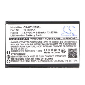 Replacement Battery for Alcatel One Touch 2053, OT-2053D, OT-2053X, OT-3025, OT-3025X, OT-3026, OT-3026G, OT-2038X, TLI009AA, Lithium-ion 950mAh