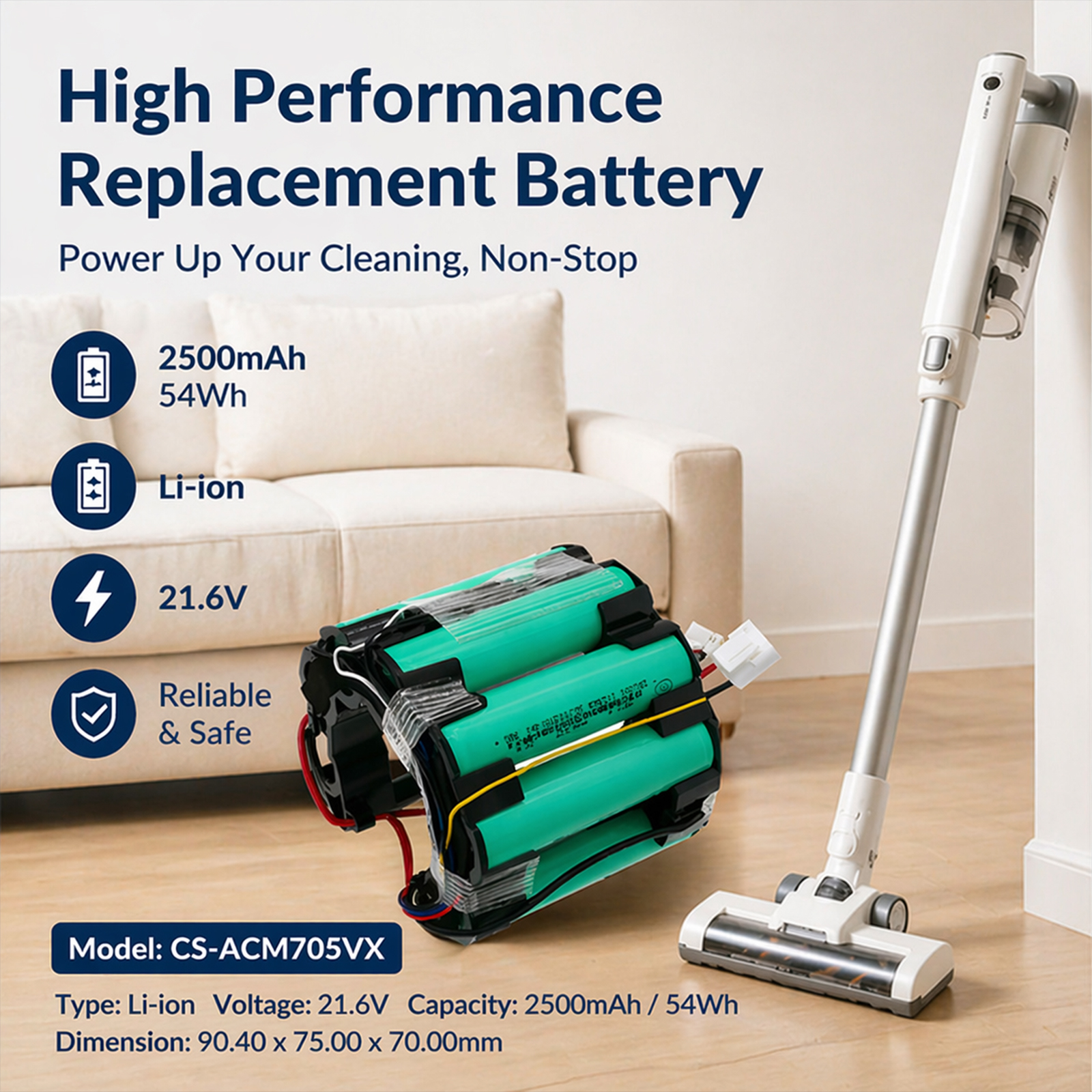 2500mAh Replacement Battery for AMICA Aura VM7050, Eureka NEC101, Qilive Q5328, Q5472
