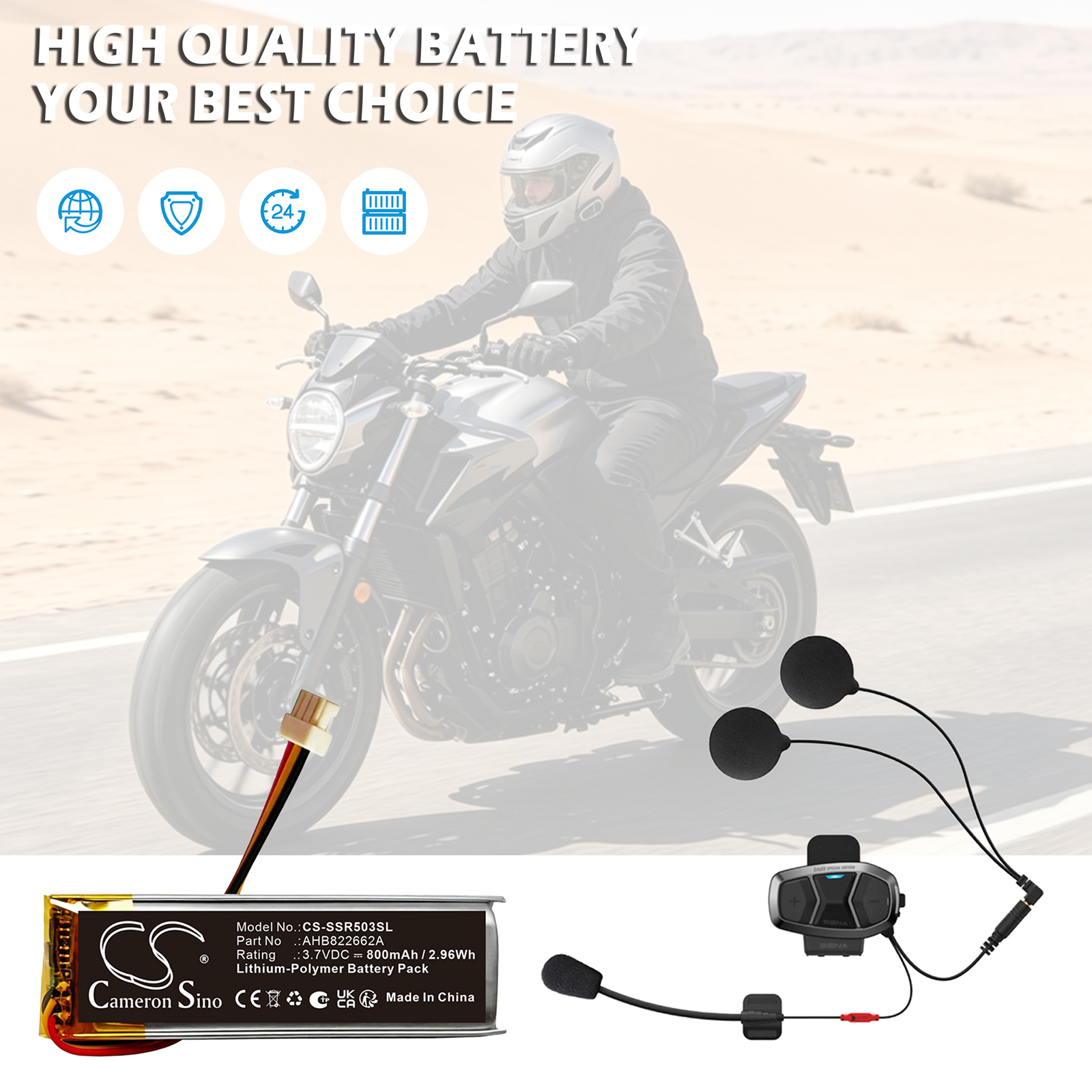 800mAh Replacement Battery for Sena 50R 3-Button Spider RT1 Bluetooth Communication System SP130, SP128