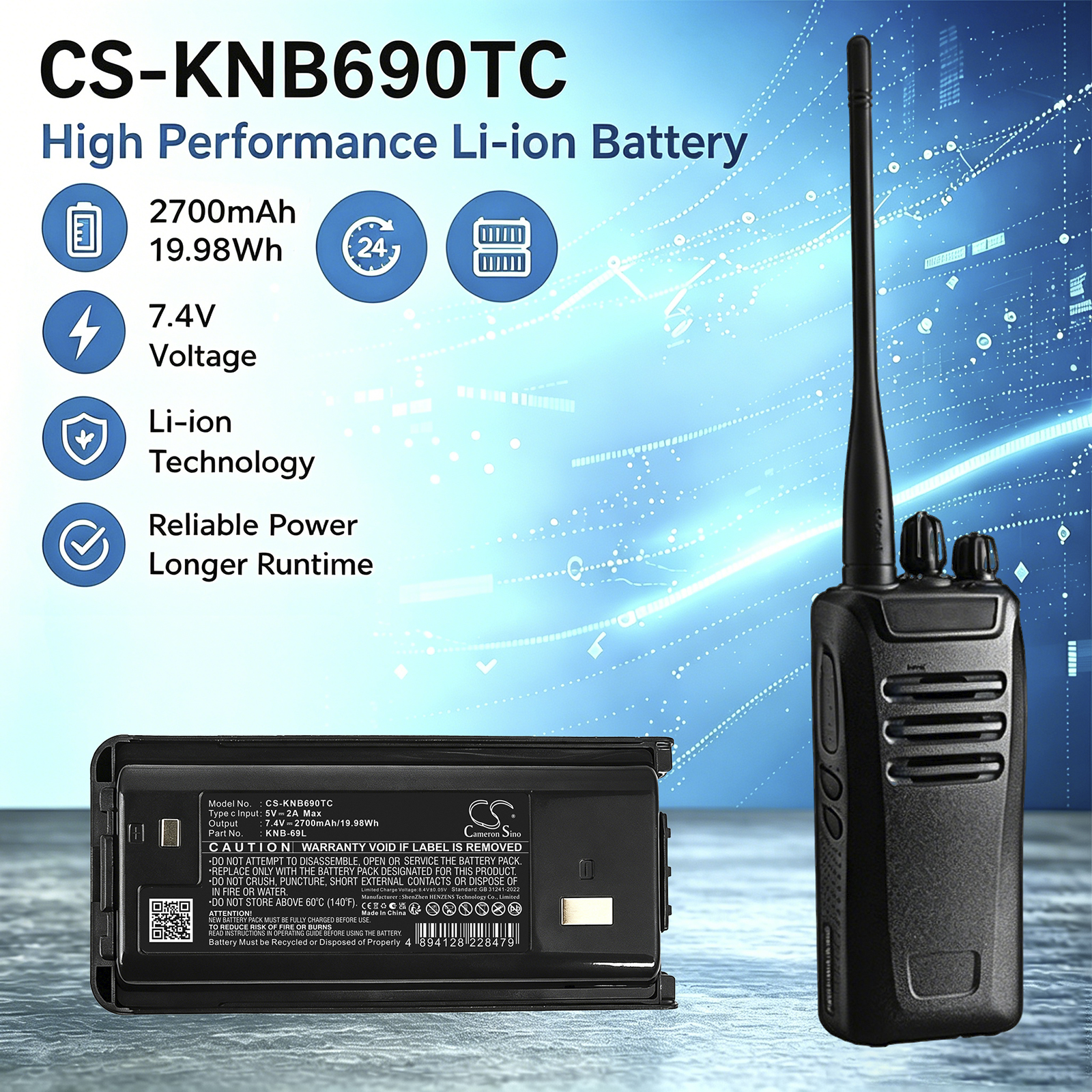 2700mAh Replacement Battery for Kenwood KNB-69L, NX-240, NX-248, NX-340, NX-348, TK-2200, TK-2302, TK-2402 With Type-C Port Charger