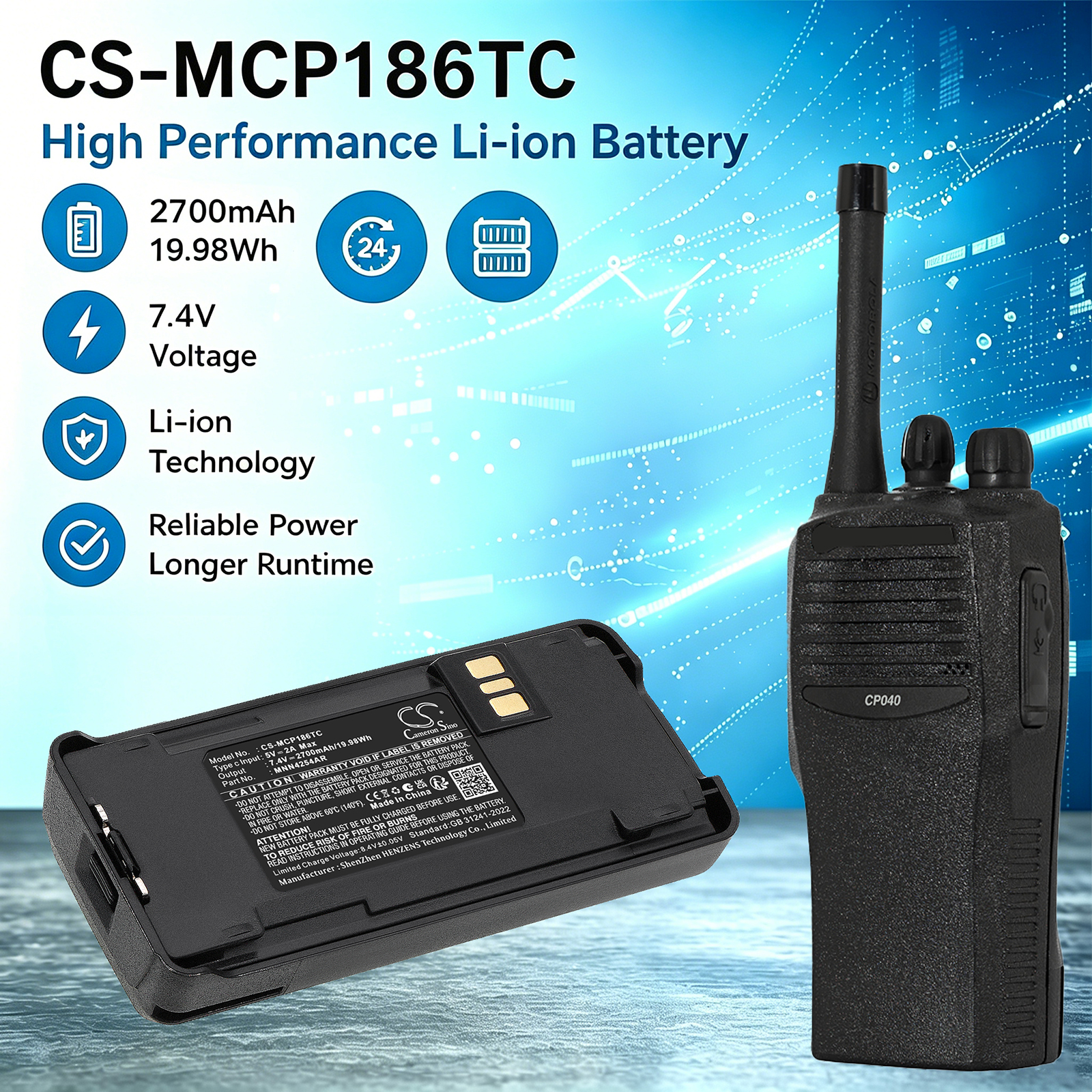 2700mAh Replacement Battery for Motorola MNN4254AR NNTN4496 NNTN4496AR NNTN4497 NNTN4497A NNTN4497AR NNTN4497DR NNTN4851, MTX838,HT1000, CP1200,CP1660,CP185 With Type-C Port Charger