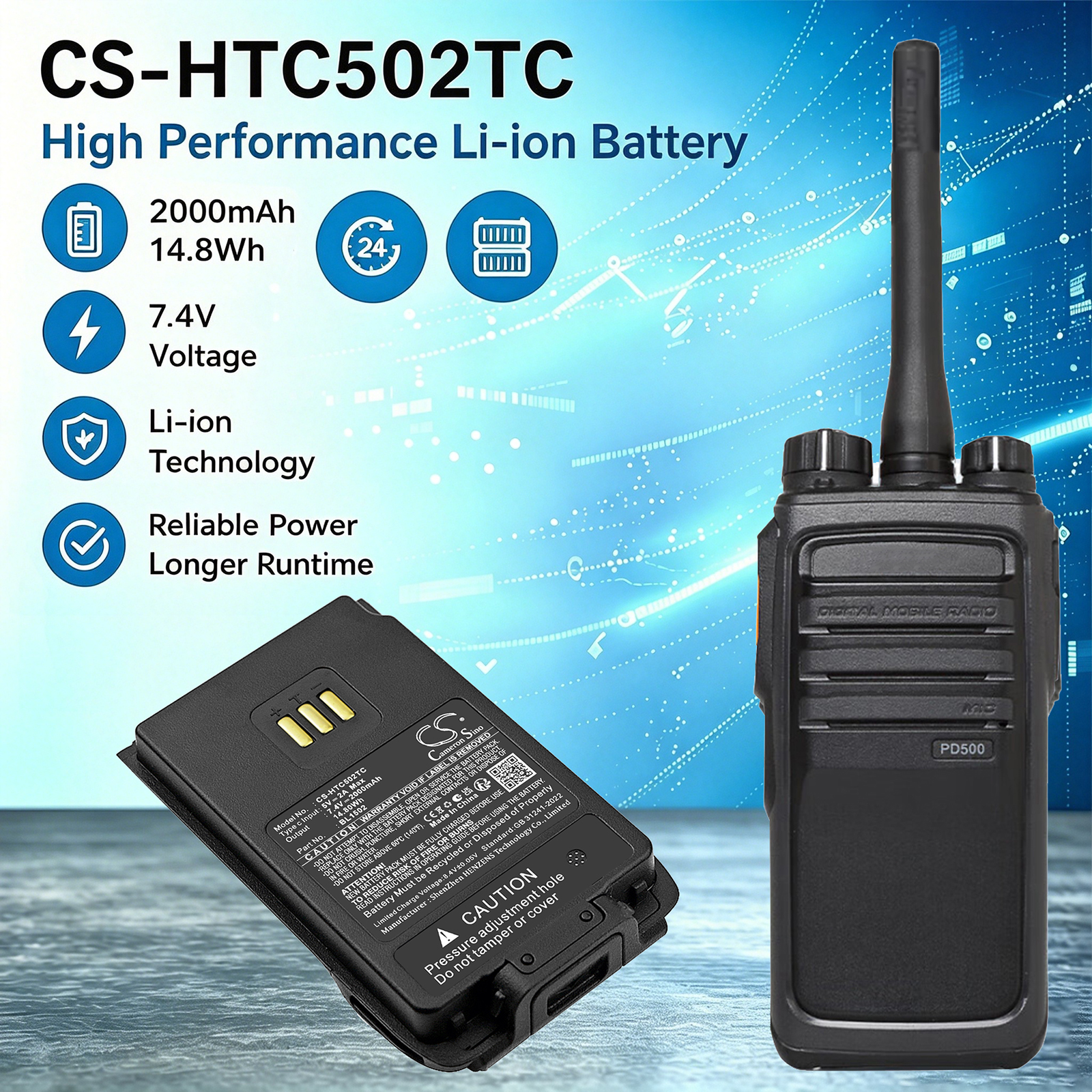 2000mAh Replacement Battery for Hytera BL1502, BL1504, BL2010, BL2020, BL2020-EX, PD500, PD600, PD560, PD660, PD590, PD680 IMPRES With Type-C Port Charger