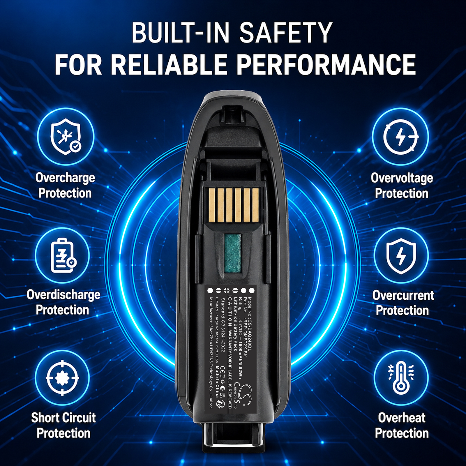 1600mAh Replacement Battery for Datalogic QuickScan QBT2X, QBT2400, QBT2430 Handheld Scanner, RBP-QMBT2X-BK